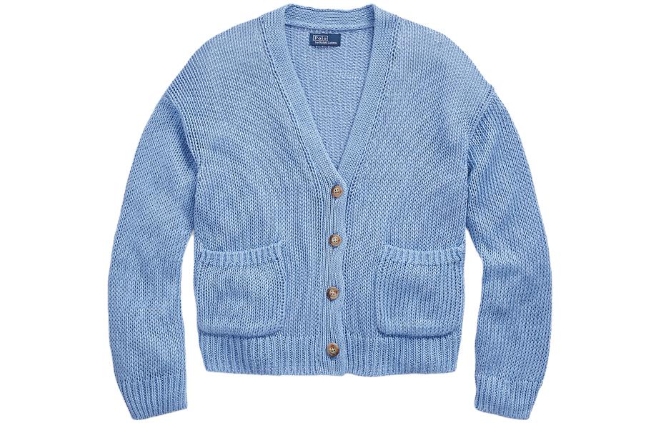 (Women) Polo Ralph Lauren SS23  Blue Solid V-Neck Buttoned Knit Cardigan. WMPOSWENDW20143-400