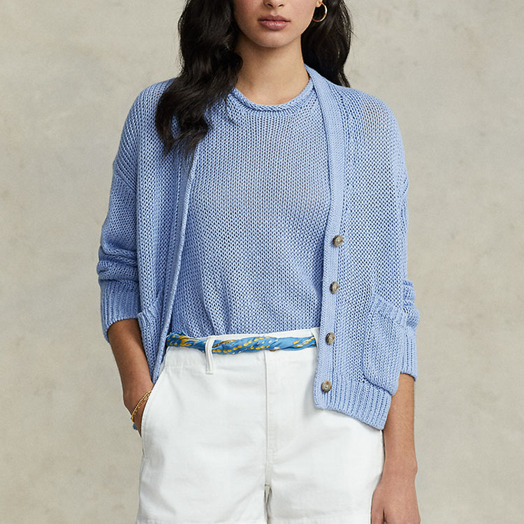 Lookbook (W) Cárdigan de Punto Azul Sólido con Botones y Cuello en V Polo Ralph Lauren SS23. WMPOSWENDW20143-400