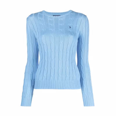 (Women) Polo Ralph Lauren SS23 Cable Knit Sweater Blue with Embroidered Logo. 211891640-013