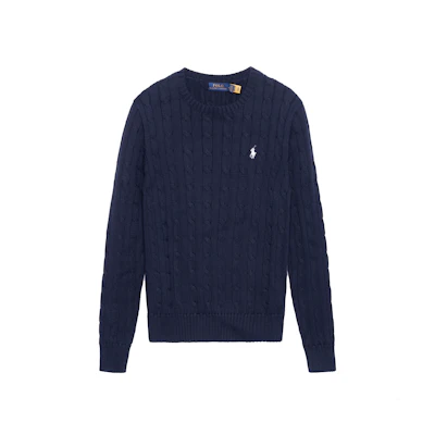 (Women) Polo Ralph Lauren SS23 Cable Knit Sweater Navy Blue with Logo Embroidery. 211747397-001