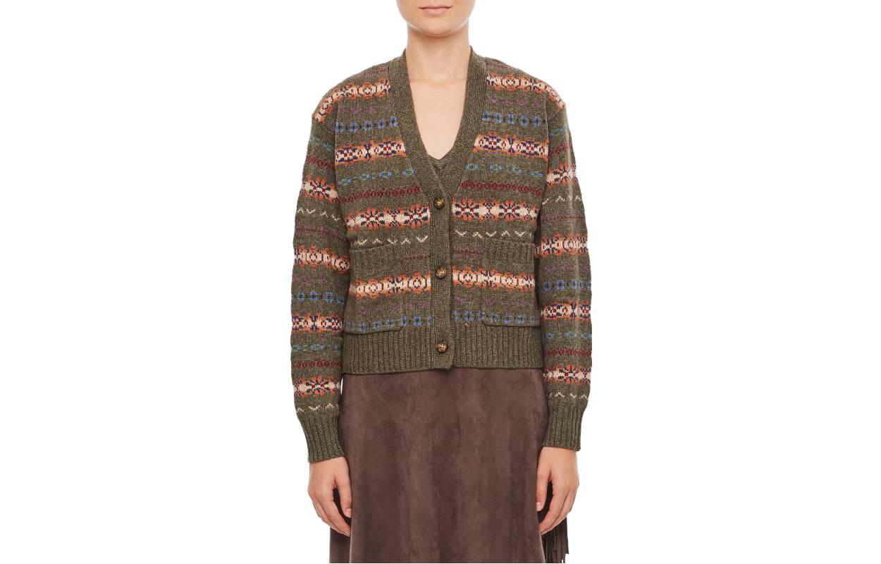 (Women) Polo Ralph Lauren SS23  Green Striped Vintage Embroidered V-Neck Sweater. 211910464-001