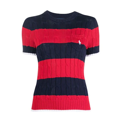 (Women) Polo Ralph Lauren SS23 Red Knit Tee with Colorblock Logo Embroidery. 211863611-002