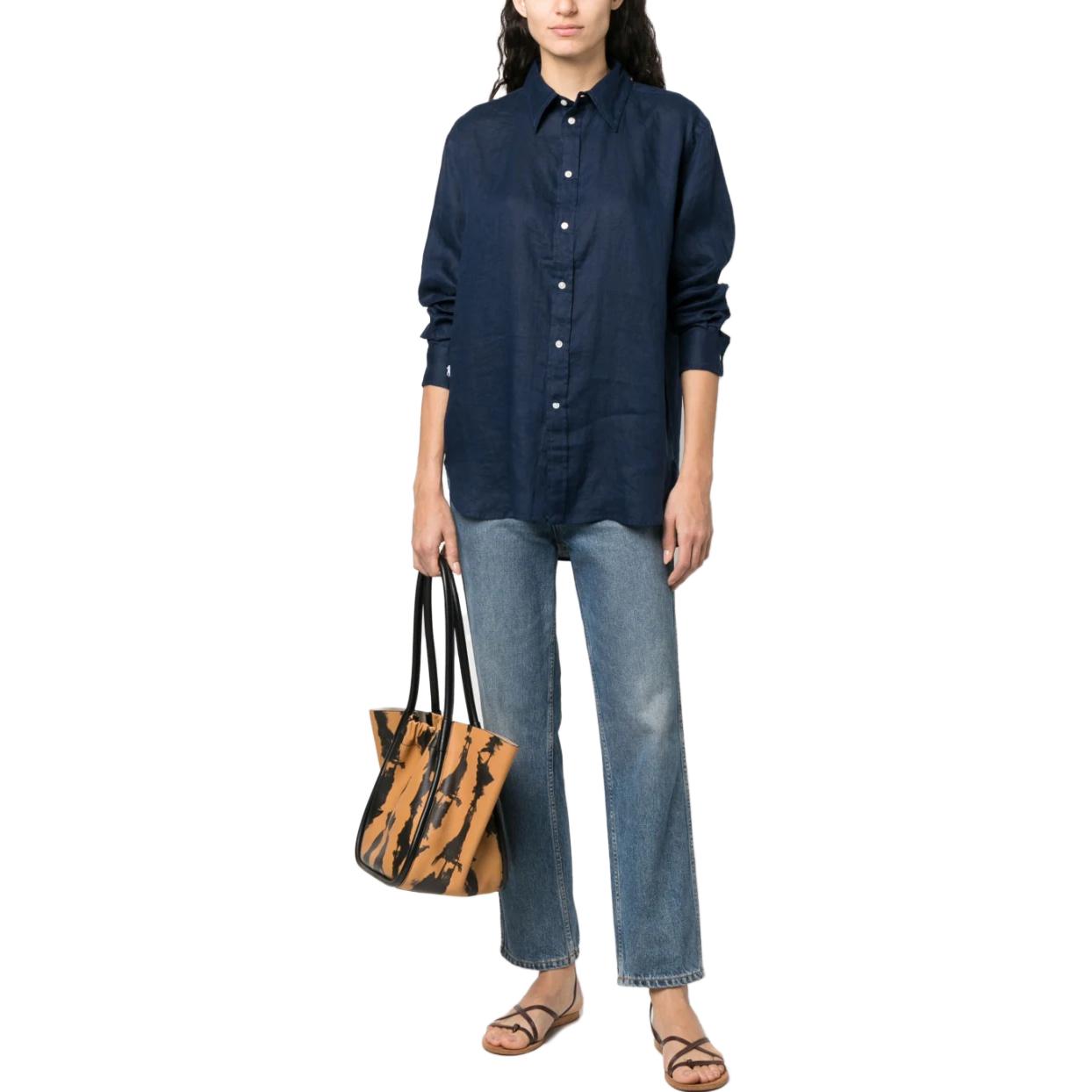 (Women) Polo Ralph Lauren SS23  Solid Logo Embroidered Long Sleeve Shirt Navy Blue 211892370-005 圖 3