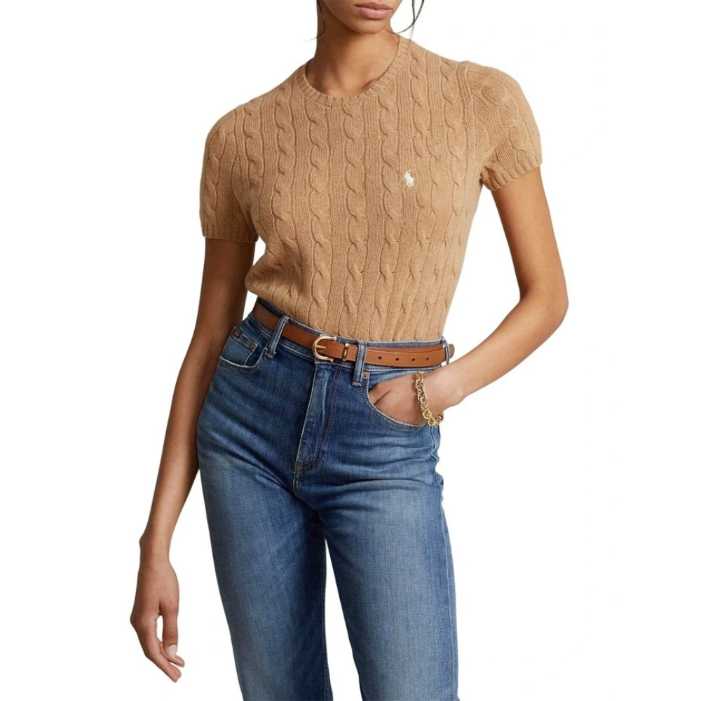 Shop (W) 폴로 랄프 로렌 SS23 솔리드 로고 자수 니트 스웨터 카키. 211881700-001