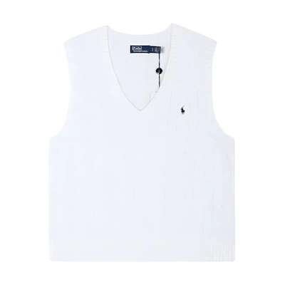 (Women) Polo Ralph Lauren SS23 White V-Neck Knit Vest with Small Logo Embroidery. 211906205-001