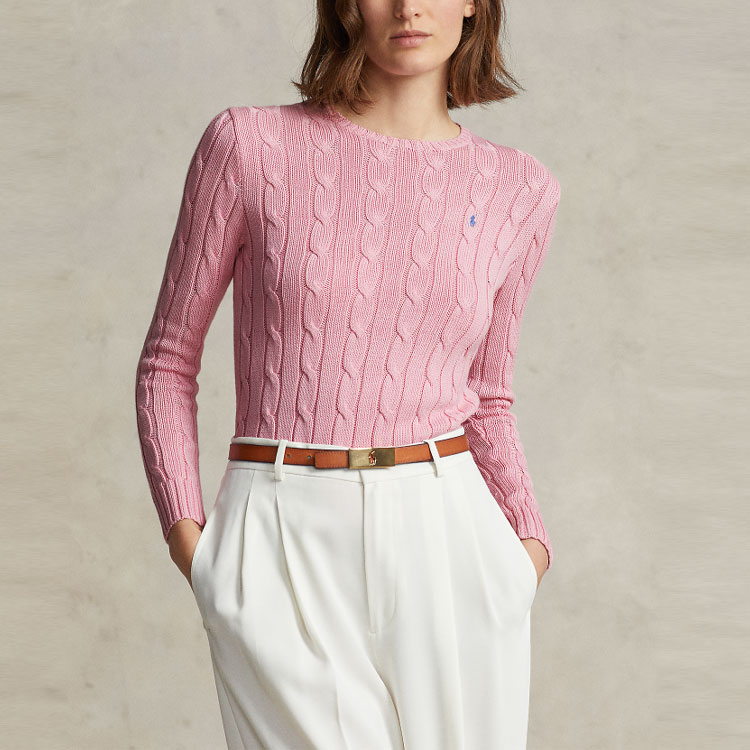 Shop (W) Polo Ralph Lauren SS23 Pink Slim Fit Kabel-Knit Cotton Sweater Wanita Logo Sulam. WMPOSWENC020592-650
