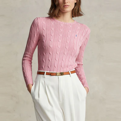 (W) Polo Ralph Lauren SS23 Pink Slim Fit Kabel-Knit Cotton Sweater Wanita Logo Sulam. WMPOSWENC020592-650 Shop (W) Polo Ralph Lauren SS23 Pink Slim Fit Kabel-Knit Cotton Sweater Wanita Logo Sulam. WMPOSWENC020592-650