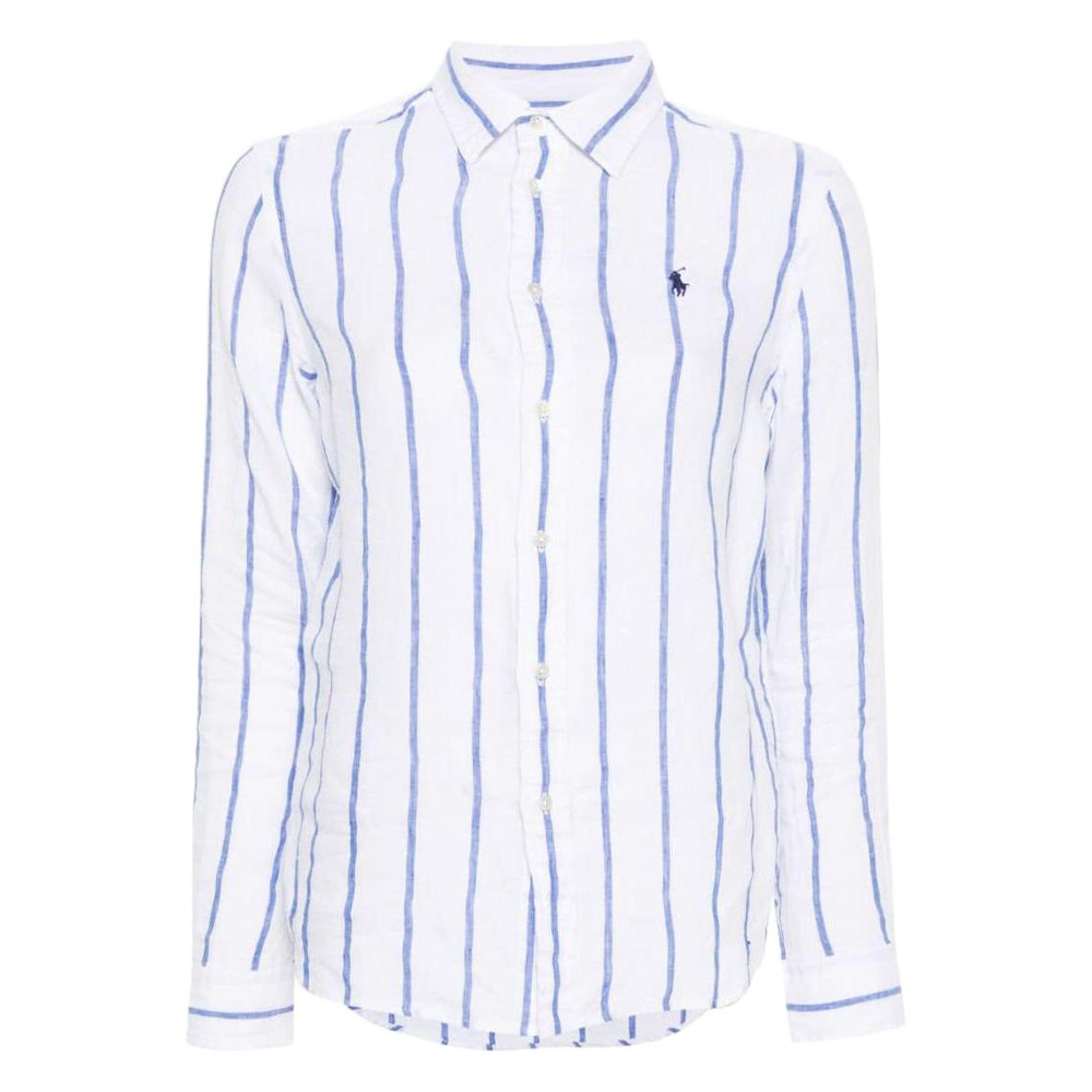 (Women) Polo Ralph Lauren SS24  Embroidered Logo Striped Long-Sleeve Shirt Blue. 211910644-006