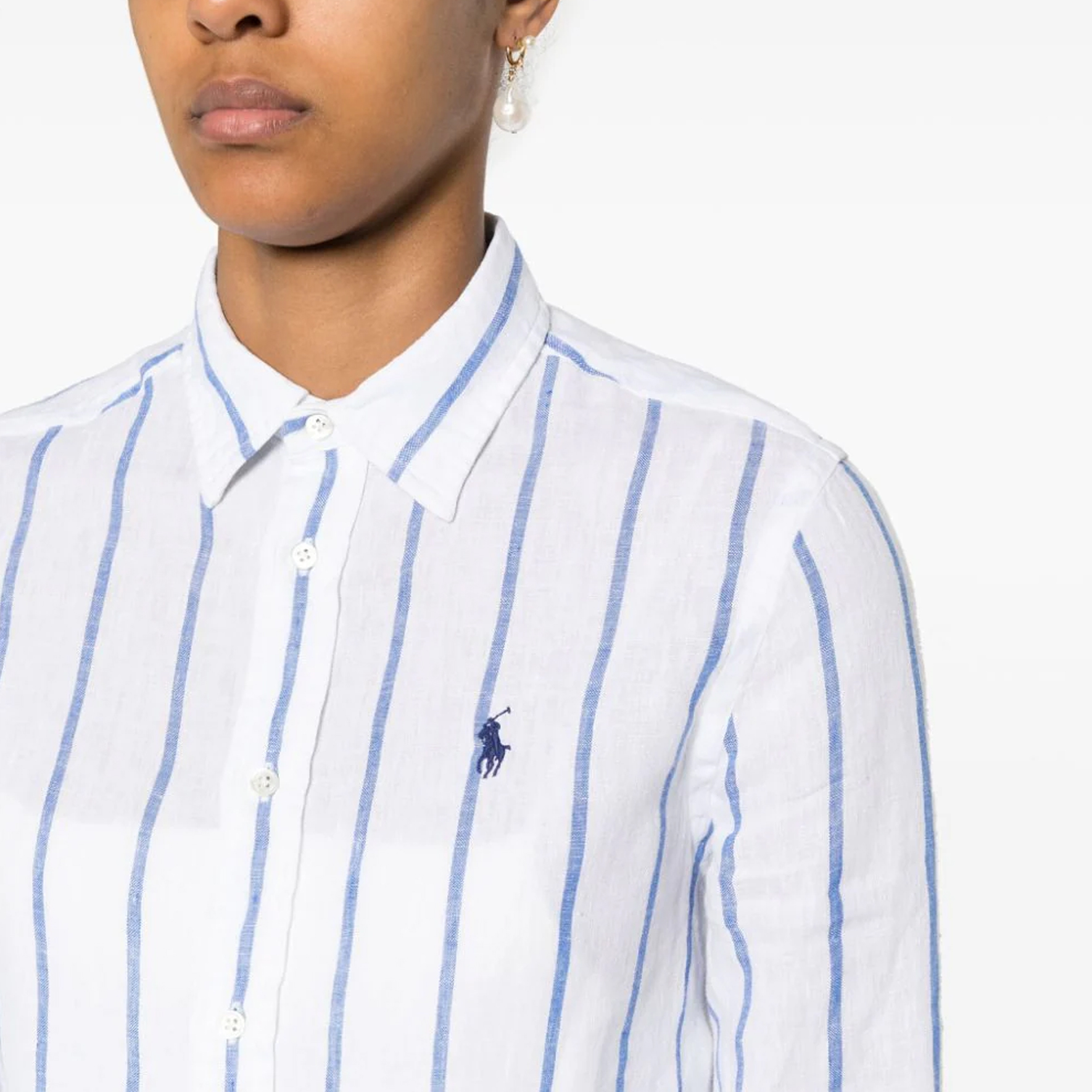 (Women) Polo Ralph Lauren SS24  Embroidered Logo Striped Long-Sleeve Shirt Blue. 211910644-006 圖 6