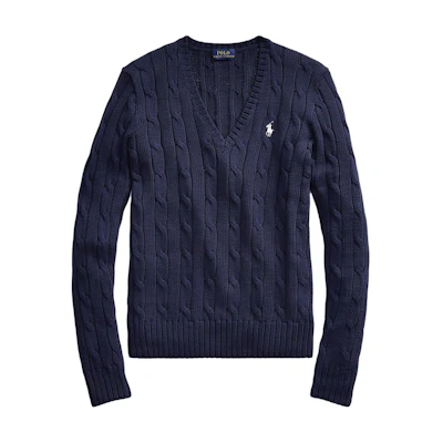 (Women) Polo Ralph Lauren SS24 Navy V-Neck Knit Sweater with Logo Embroidery. 211569984-002