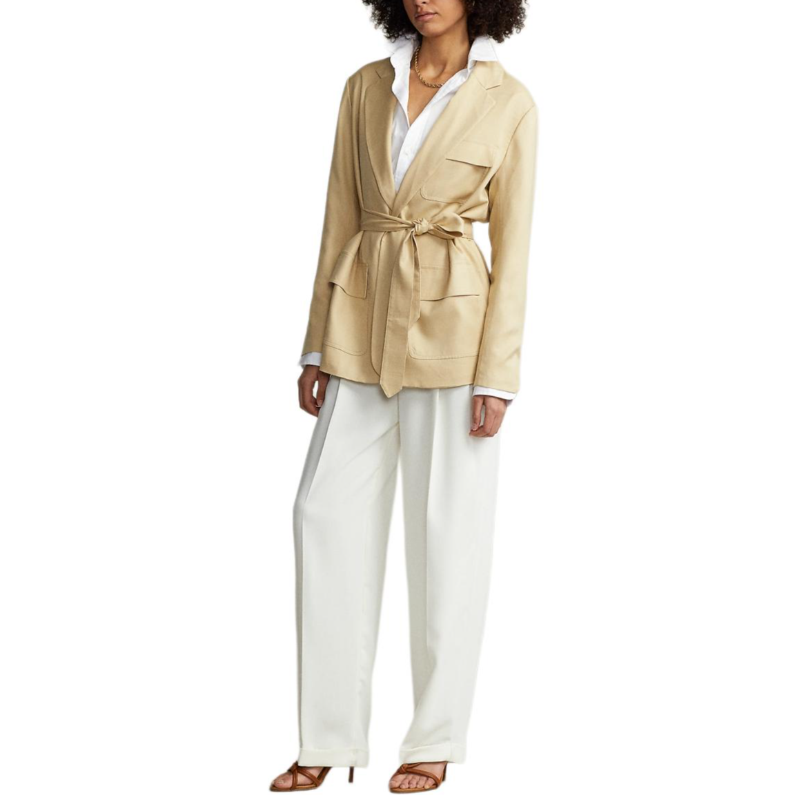 Shop (W) Polo Ralph Lauren SS24 絲羊毛長袖腰帶西裝外套-寬鬆版 WMPOOTWN5V20134-101