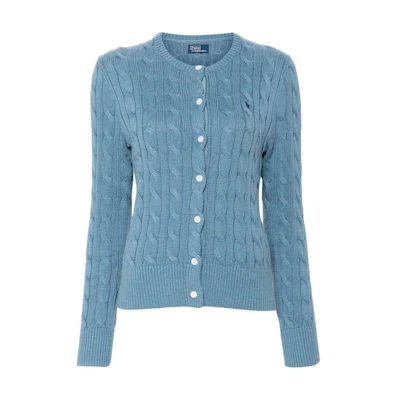 (Women) Polo Ralph Lauren SS24 Slim Fit Sky Blue Cable Knit Crewneck Cardigan. 211891643-016
