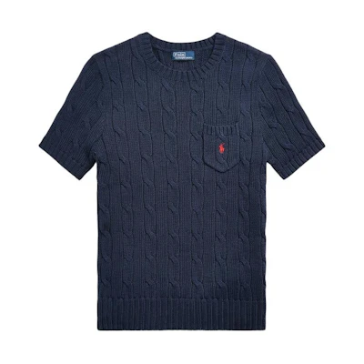 (Women) Polo Ralph Lauren SS24 Slim Knit Tee Cable Logo Embroidery Hunter Navy. WMPOSWENC020882-400