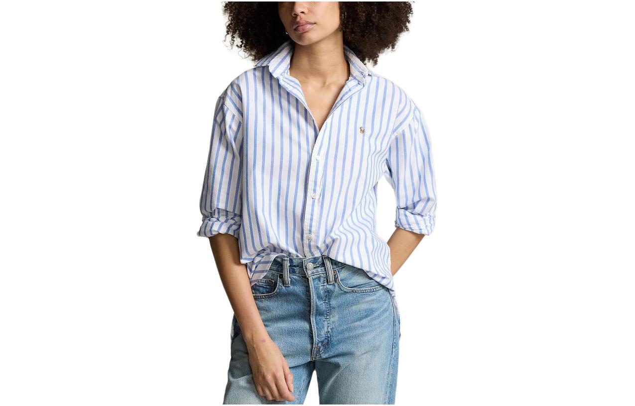 (Women) Polo Ralph Lauren SS24  White Striped Logo Embroidered Loose Shirt. WMPOSHTNDO20596-999