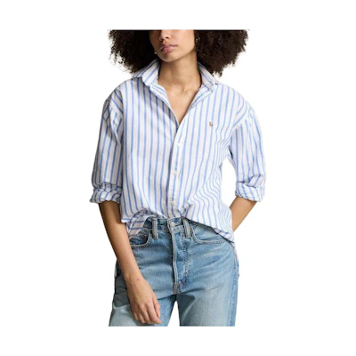 (Women) Polo Ralph Lauren SS24 White Striped Logo Embroidered Loose Shirt. WMPOSHTNDO20596-999