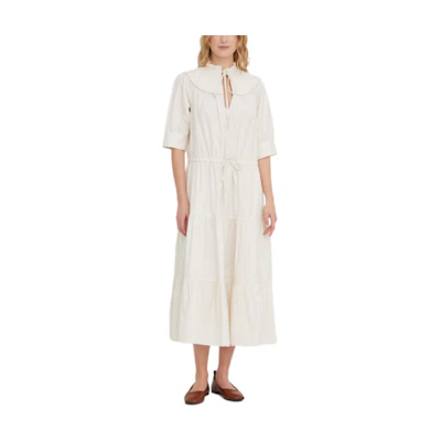 (Women) Polo Ralph Lauren SS24 Midi Short Sleeve Solid Tie Waist Dress Women Off White 211925104-001