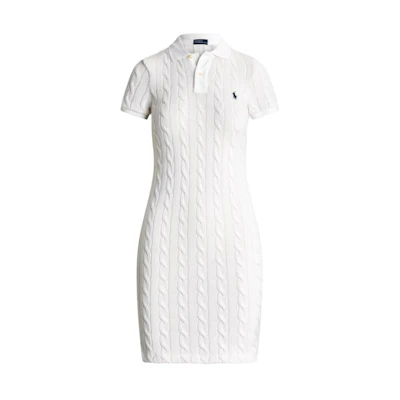 (Women) Polo Ralph Lauren SS24 Slim Fit Cable Knit Pony Logo Dress Women White. WMPODRSNFA20662-100