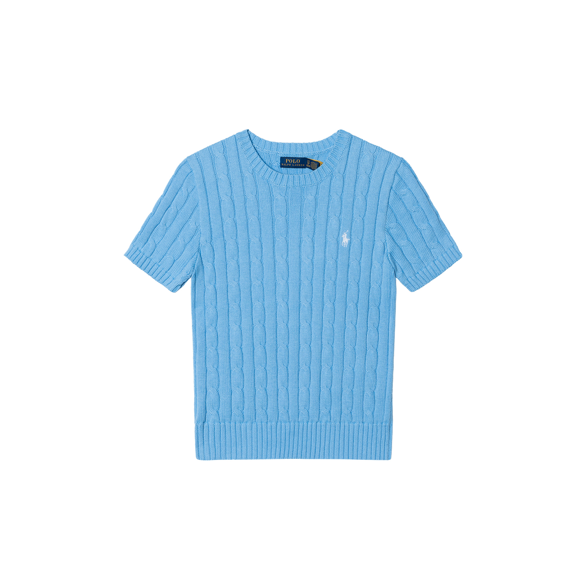 (Women) Polo Ralph Lauren SS25  Cable Knit Crewneck Tee with Pony Logo in Blue. 211910987-037