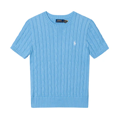(Women) Polo Ralph Lauren SS25 Cable Knit Crewneck Tee with Pony Logo in Blue. 211910987-037