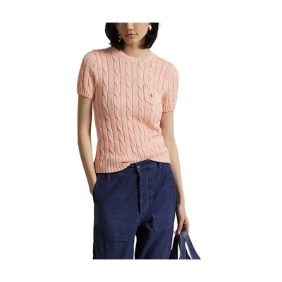 (Women) Polo Ralph Lauren SS25 Cable Knit Slim Fit Short Sleeve Top Women Light Pink 211895379017