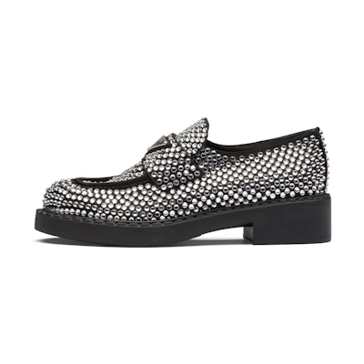 (W) Prada 50mm Crystal Loafer Black Satin