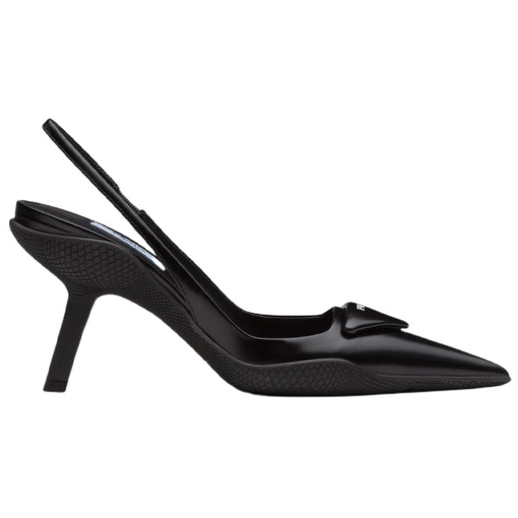 (W) Prada 65mm Sling-Back Pumps Black Brushed Leather 圖 2