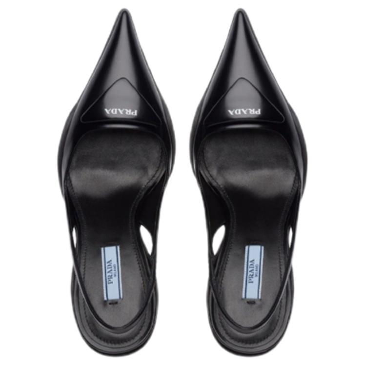 (W) Prada 65mm Sling-Back Pumps Black Brushed Leather 圖 5