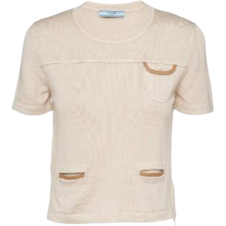 (Women) PRADA  Beige Round Neck Pullover Short-Sleeve Knit Sweater. P24D2-FCI8-F0F24-S-OOO