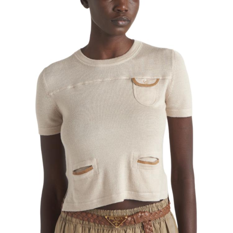 Lookbook (W) PRADA 米色圓領短袖針織毛衣上衣. P24D2-FCI8-F0F24-S-OOO