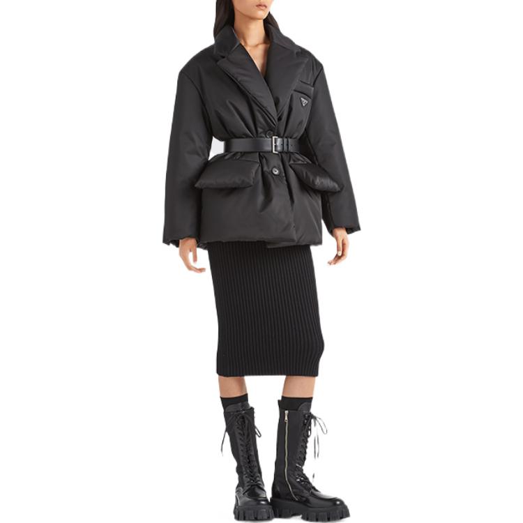 Shop (Women) PRADA  Black Down Jacket with Belted Design and Stand Collar 29D862-1WQ8-F0002-S-222