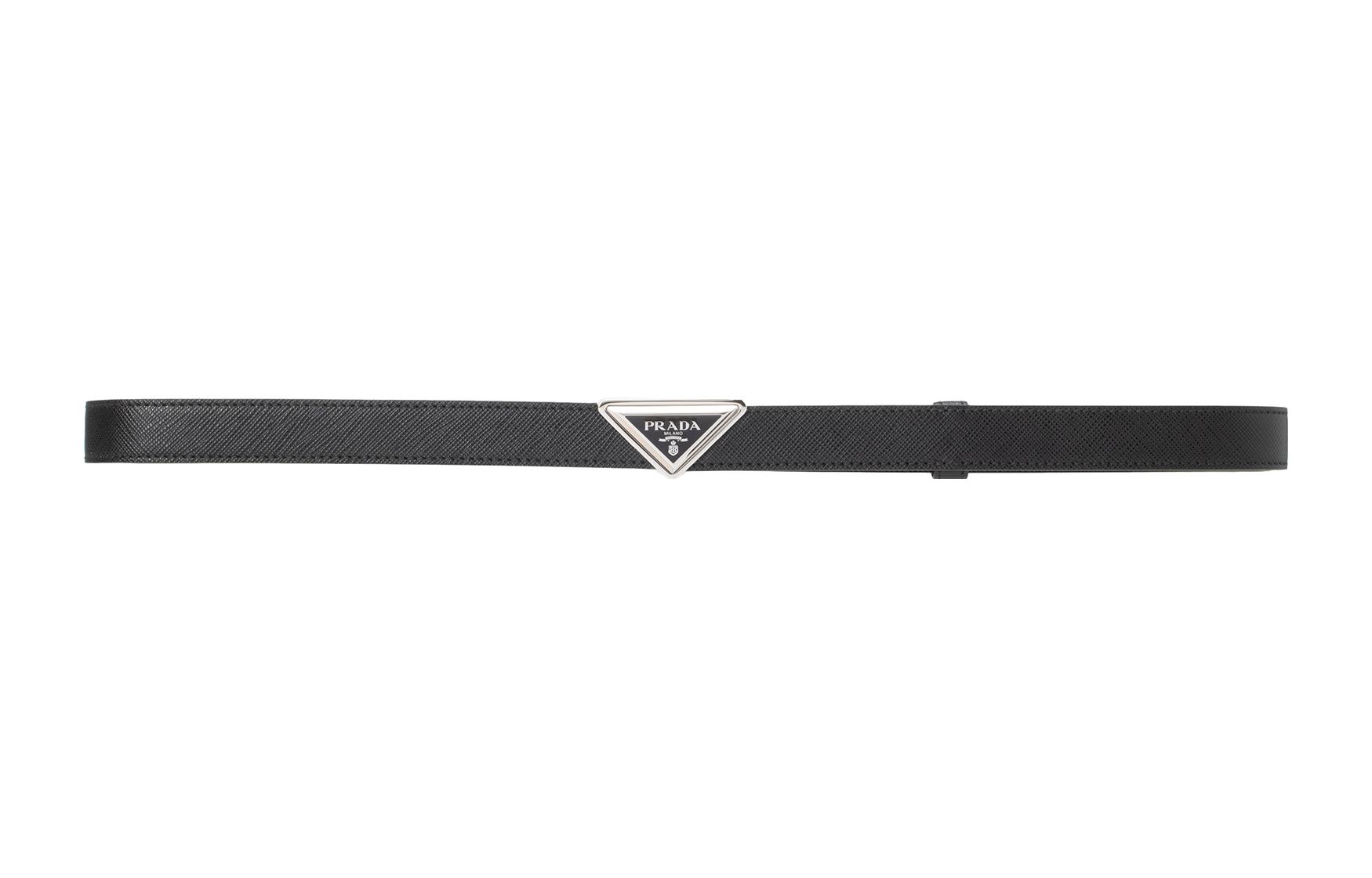 Order (Women) PRADA  Black Leather Belt with Metal Triangle Logo Buckle, 2cm Wide. 1CC522053F0002