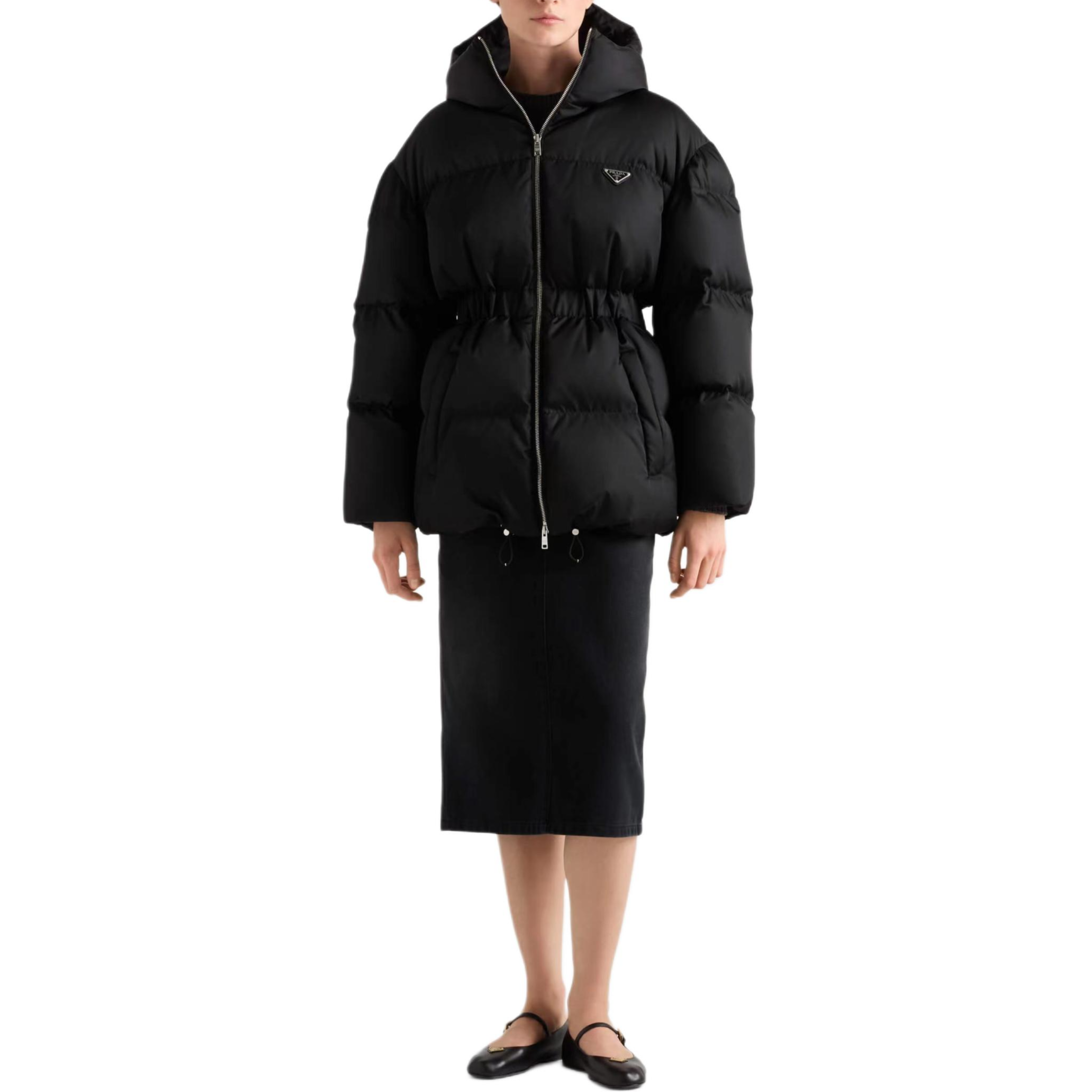 Lookbook (Women) PRADA  Black Logo Badge Puffer Jacket with Zip and Collared Design. 292214-1WQ8-F0002-S-OOO