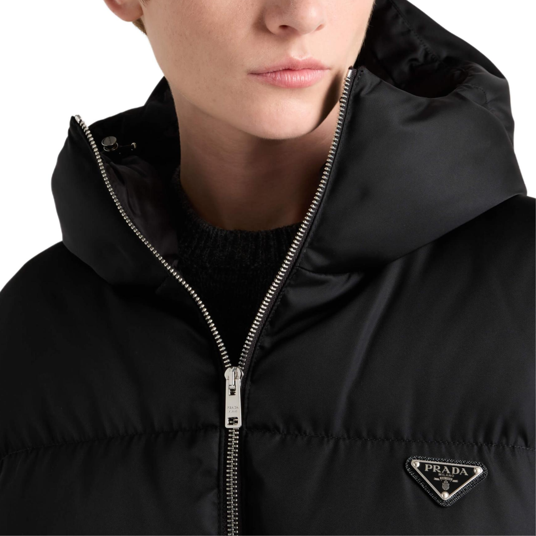 Purchase (Women) PRADA  Black Logo Badge Puffer Jacket with Zip and Collared Design. 292214-1WQ8-F0002-S-OOO