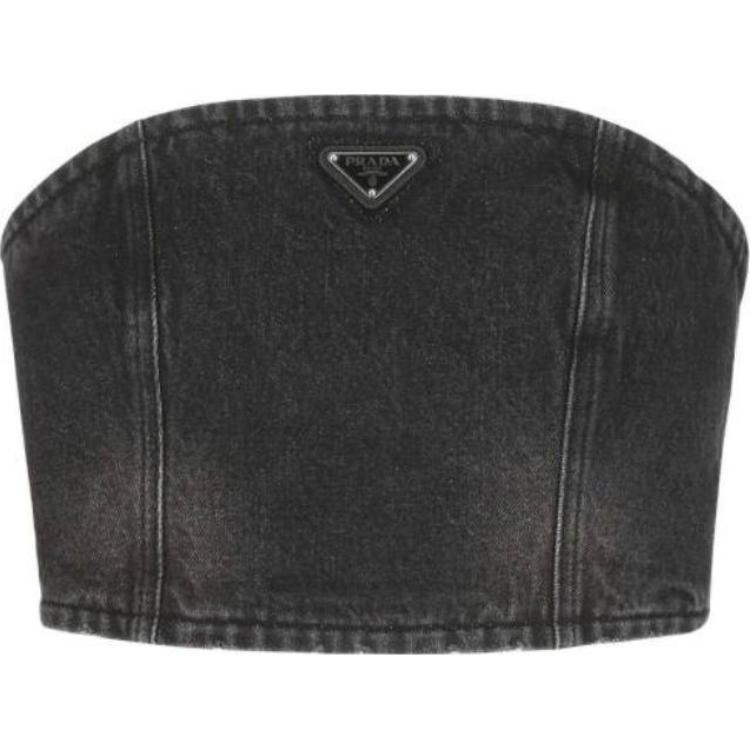 (Women) PRADA  Black Logo Zipper Denim Bustier Top. GFT016-109N-F0557-S-212