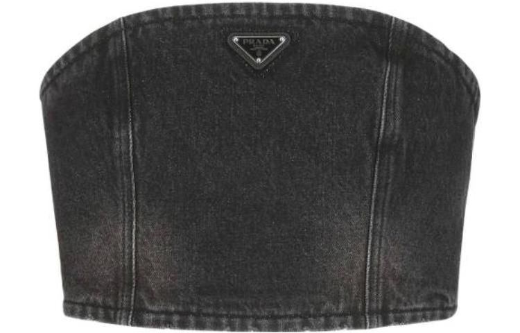 Order (W) PRADA Atasan Bustier Denim Hitam dengan Resleting dan Logo. GFT016-109N-F0557-S-212