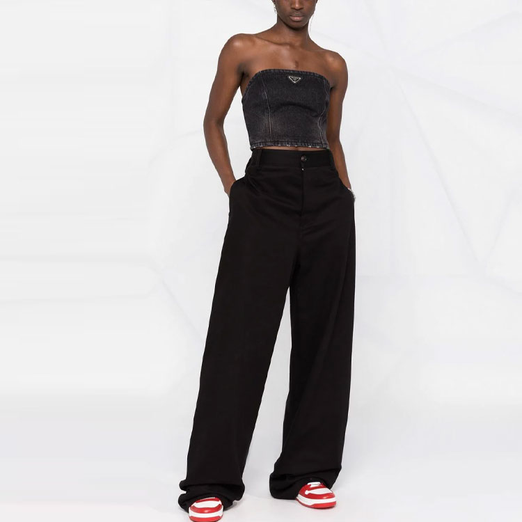 Shop (W) PRADA Atasan Bustier Denim Hitam dengan Resleting dan Logo. GFT016-109N-F0557-S-212