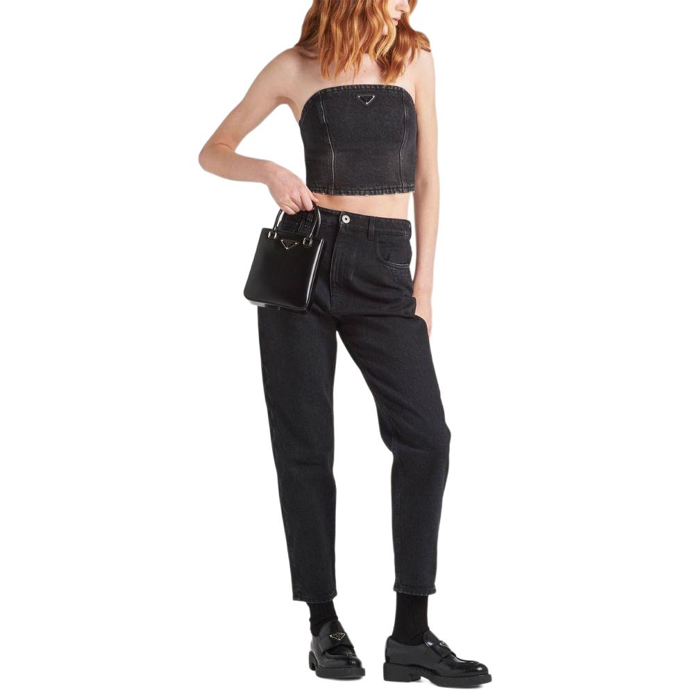 Details for (W) PRADA Atasan Bustier Denim Hitam dengan Resleting dan Logo. GFT016-109N-F0557-S-212