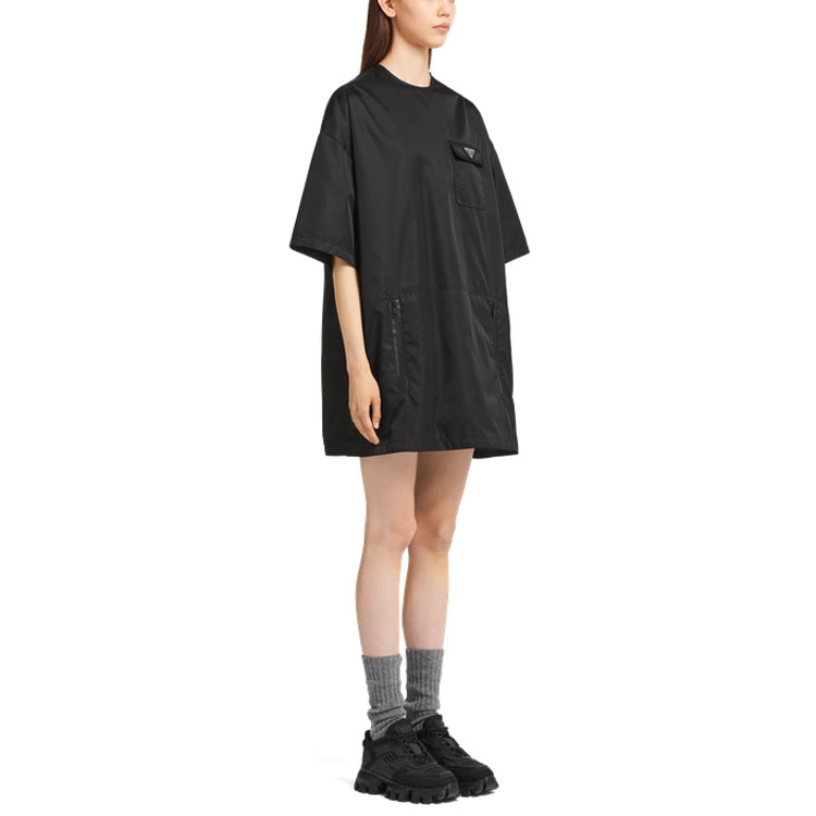 Purchase (W) PRADA Gaun Hitam Longgar Leher Bulat Lengan Pendek. 230670-1WQ8-F0002-S-212