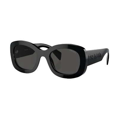 (Women) PRADA Black Oval Acetate Sunglasses with Logo Temples. PRA13S1AB5S0