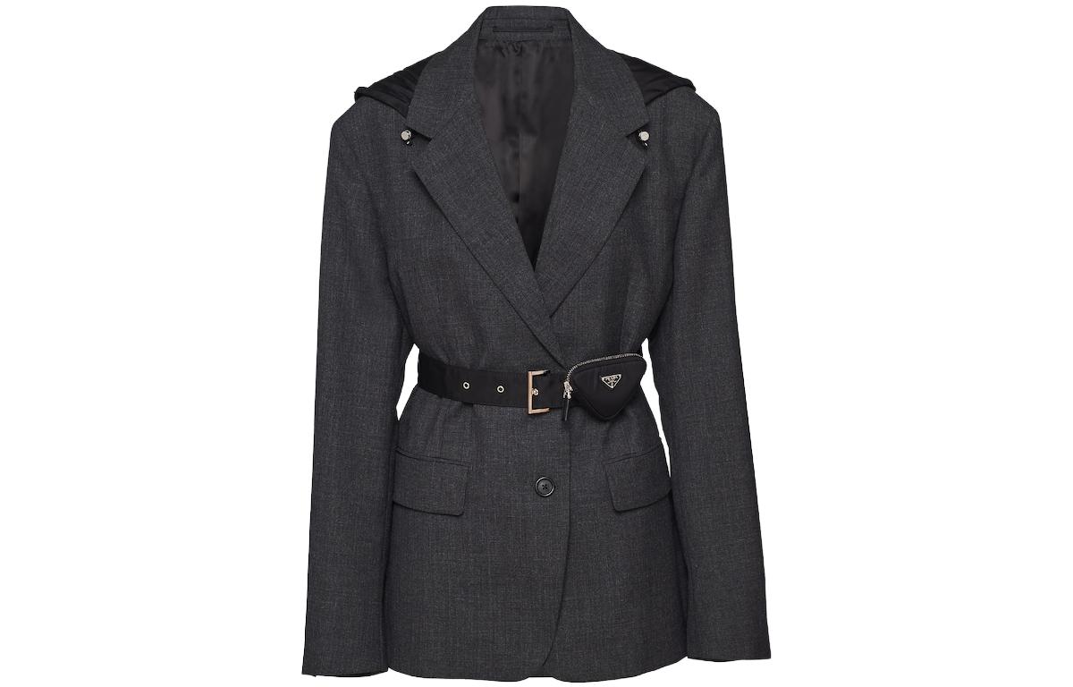 (Women) PRADA  Black Solid V-Neck Cinched Waist Jacket P580NH-109X-F0480-S-232