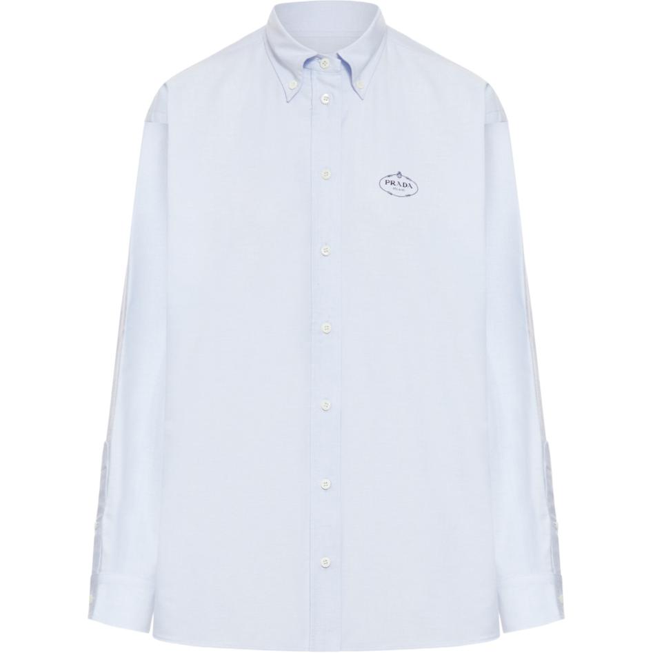 (Women) PRADA  Blue Button-Up Collared Long Sleeve Shirt with Letter Print P497GR-14JW-F0012-S-OOO