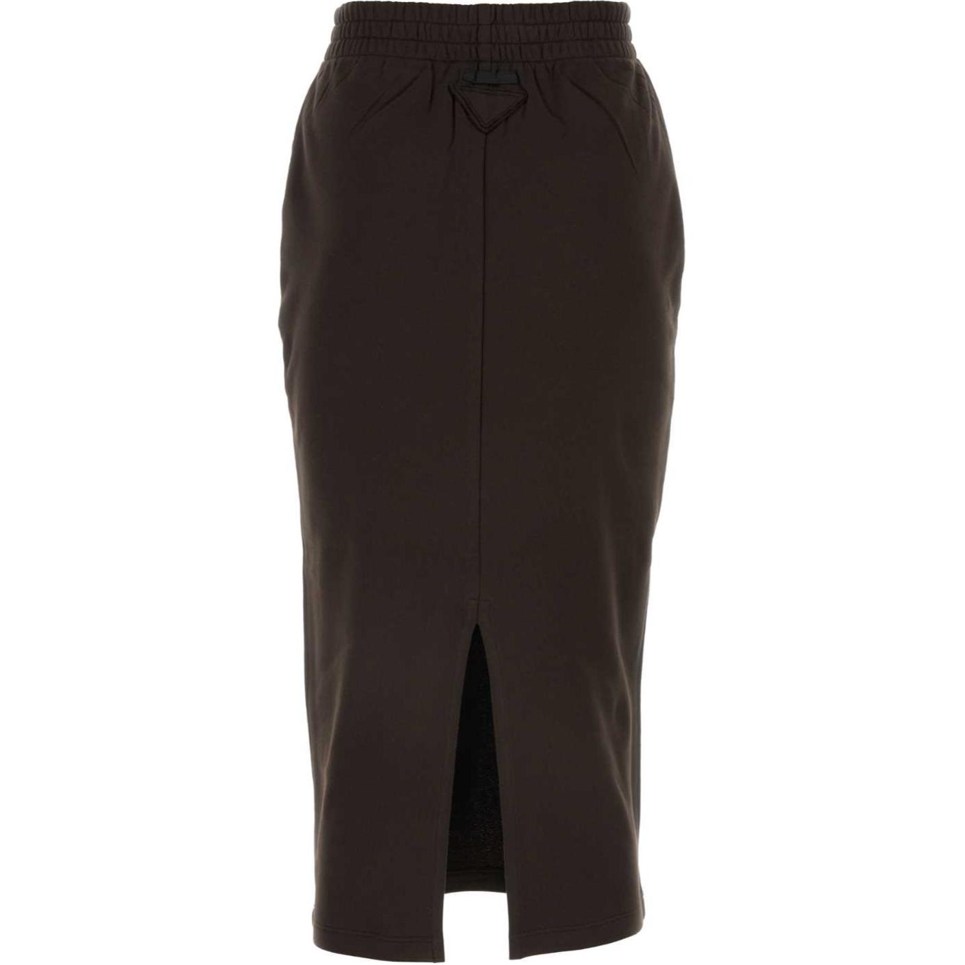 Lookbook (W) 普拉达棕色中长裙带徽标补丁及弹性腰围. 131104-15EZ-F0192-S-OOO