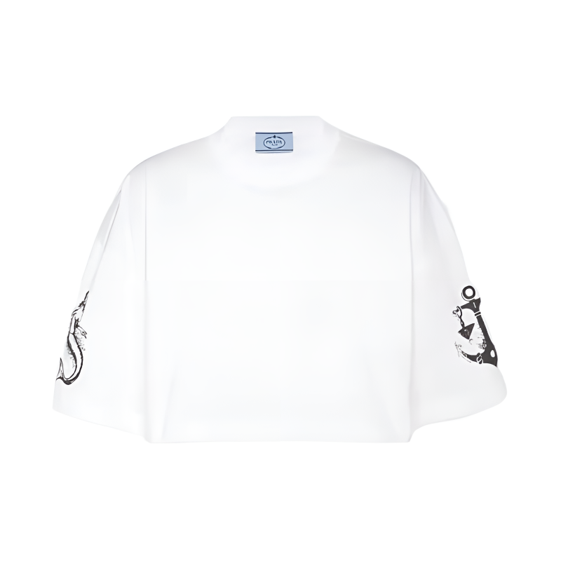 (Women) PRADA  Cropped Printed Short Sleeve Knitted Top - White 3560A-10MZ-F0009-S-212