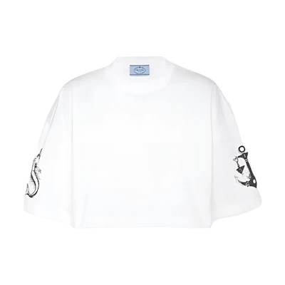 (Women) PRADA Cropped Printed Short Sleeve Knitted Top - White 3560A-10MZ-F0009-S-212