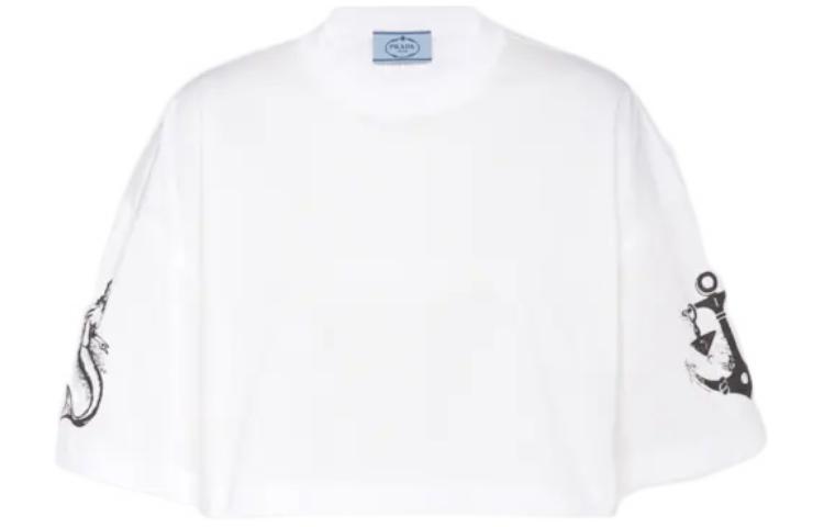 Order (W) 프라다 크롭 프린트 반팔 니트 탑 - 화이트 3560A-10MZ-F0009-S-212