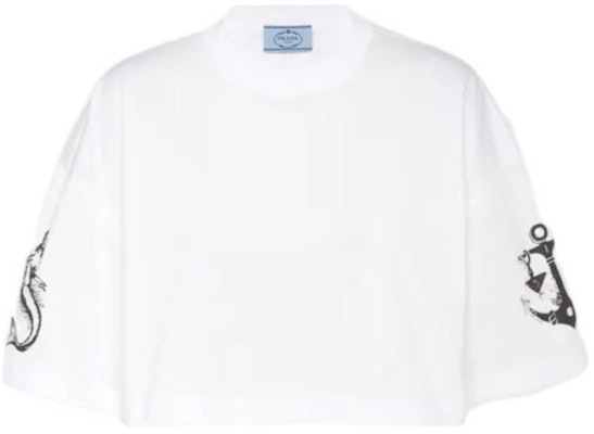 (W) 프라다 크롭 프린트 반팔 니트 탑 - 화이트 3560A-10MZ-F0009-S-212 Order (W) 프라다 크롭 프린트 반팔 니트 탑 - 화이트 3560A-10MZ-F0009-S-212