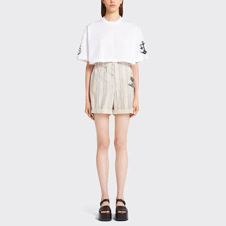 Lookbook (W) 프라다 크롭 프린트 반팔 니트 탑 - 화이트 3560A-10MZ-F0009-S-212