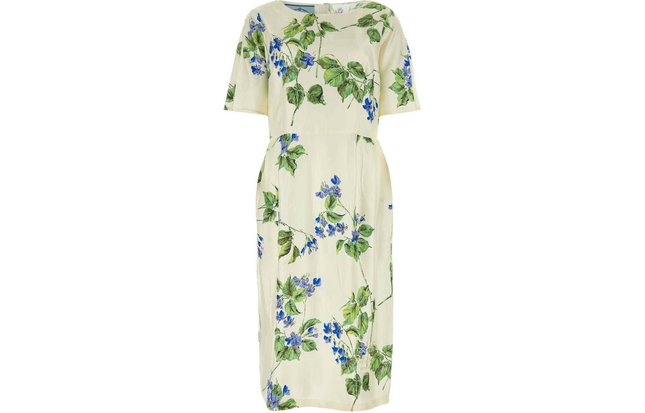 (Women) PRADA  Floral Print White Short-Sleeve Midi Dress. P3L96R-14NZ-F0K74-S-OOO