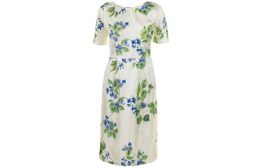 Lookbook (W) Vestido Midi Prada Blanco de Manga Corta con Estampado Floral. P3L96R-14NZ-F0K74-S-OOO