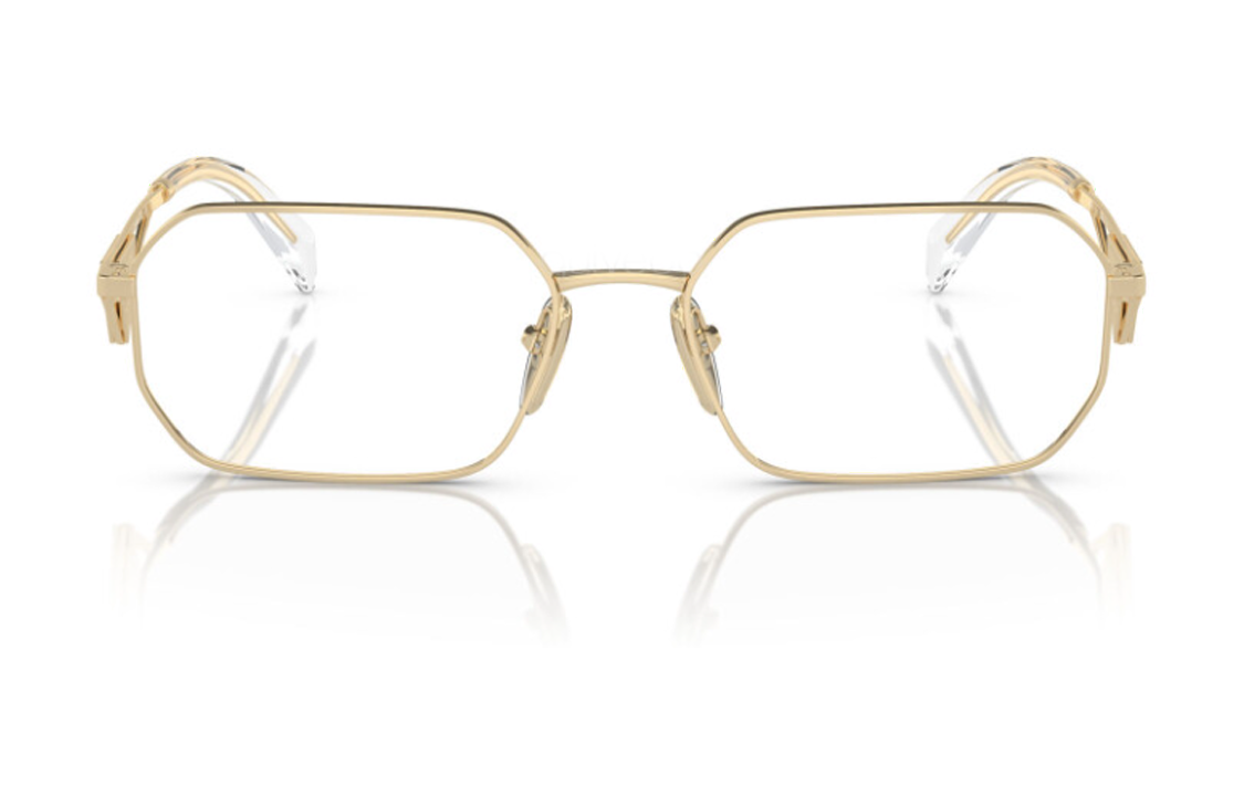 Lookbook (W) 프라다 골드 비정형 로고 템플 안경 프레임. PRA53VZVN1O1